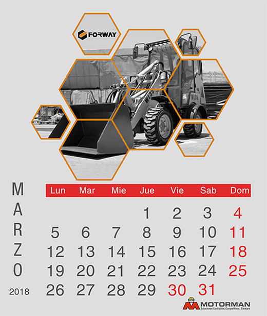 Calendario 2018 -MArzo - Ventas de Maquinarias Pesada , Mediana y Compacta en Motorman 